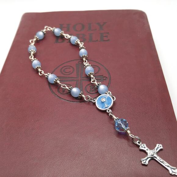 Holy Communion Chalice Blue Rosary, One Decade Rosary, Unbreakable Wire Wrapped - Picture 9 of 10